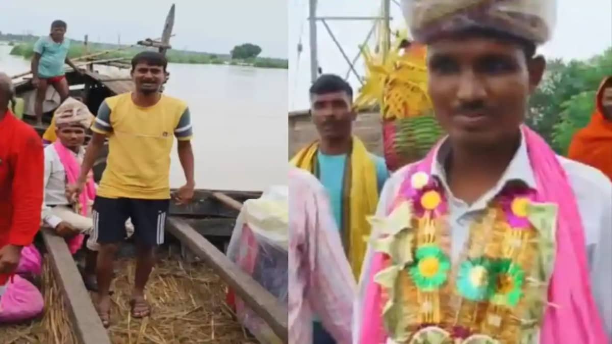 Ganga groom floating in flood wedding procession Ganga groom floating in flood wedding procession
